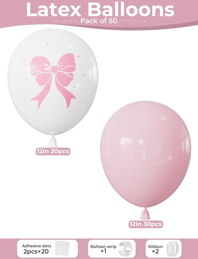 Pink Bow Balloons, 50PCS 12 Inch Pastel Pink and White Bow Print Balloons, Coquette Girly Party Decorations for Girls Birthday, Baby Shower, Bridal Shower, Bachelorette & Bow Theme Party