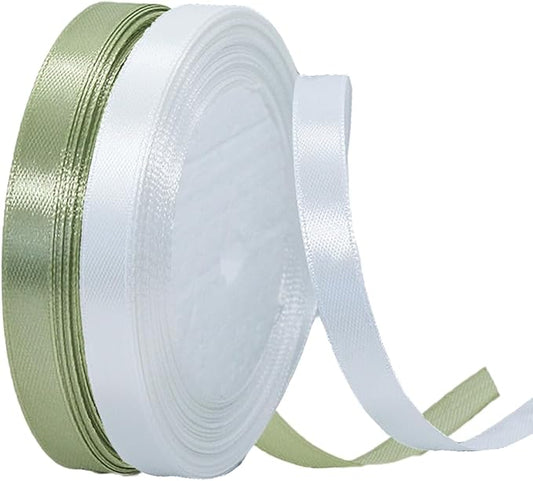 2 Rolls Sage Green Ribbon, 3/8 Inch 50 Yards Dusty Sage Green White Satin Fabric Ribbon for Wedding Party, Gift Wrapping, Baby Shower, Flower Bouquets, DIY Crafts, Birthday and Christmas Decorations