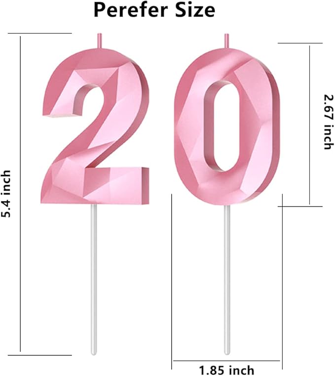 Number Birthday Candles(20 Candle Pink) 3D Diamond Shape 20th Happy Birthday Cake Topper Decorations for Women Men Birthday Wedding Anniversary Celebration Theme Party Supplies