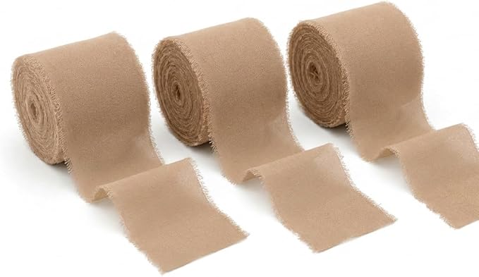 Handmade Chiffon Ribbon 1.5 Inch Wide, 3 Rolls 21 Yards, Neutral Frayed Edge Ribbon for Wedding Styling, Bouquets, Invitations & Craft Projects (Light Nude)