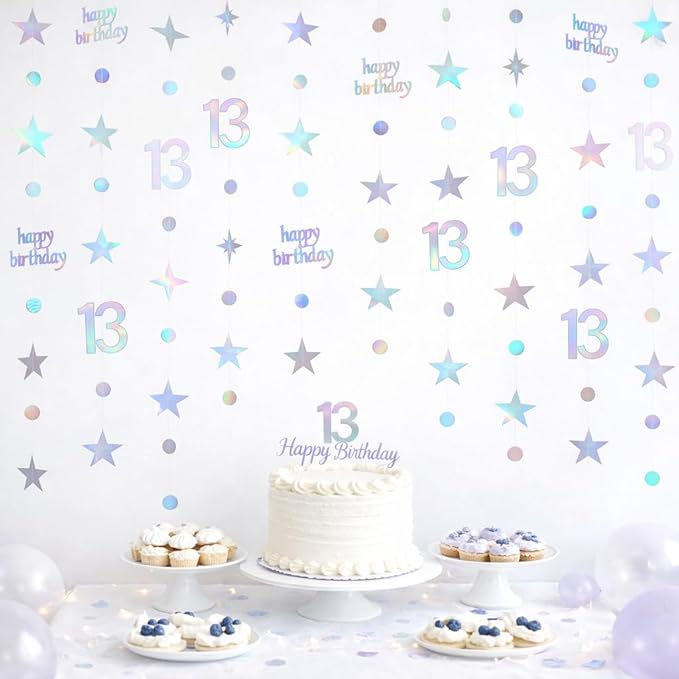 GCQQ 13th Birthday Hanging Decorations - 4 Packs Iridescent Happy 13th Birthday Banner 13 Year Old Circle Dot Twinkle Star Garland 46FT Thirteen Metallic Streamer Backdrop for Girl Boy Birth Day Party