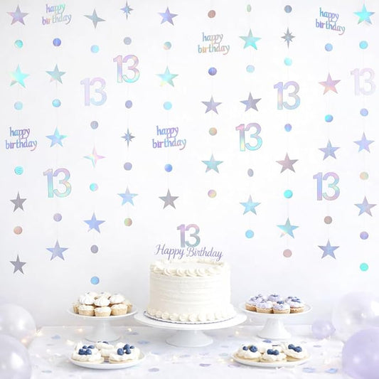 GCQQ 13th Birthday Hanging Decorations - 4 Packs Iridescent Happy 13th Birthday Banner 13 Year Old Circle Dot Twinkle Star Garland 46FT Thirteen Metallic Streamer Backdrop for Girl Boy Birth Day Party