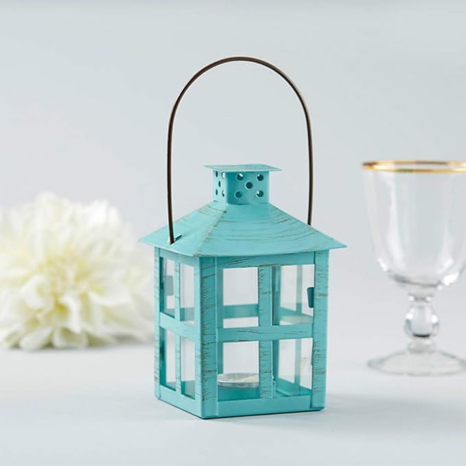 Kate Aspen Decorative Lantern, Vintage Metal Tealight Candle Lanterns, Centerpiece for Wedding Table, Accent Piece & Party Favor, Turquoise - 6 Sets