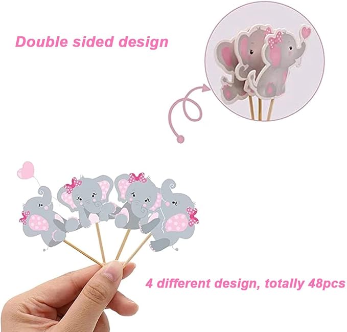 48pcs Pink Elephant Cupcake Toppers, Double Sided It's A Girl Picks, Cake Decorations for Elephant Theme Birthday Baby Shower Little Peanut Party Supplies