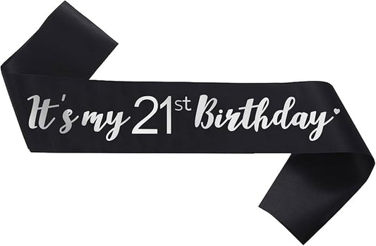It's My 21st Birthday Sash Black, Birthday Girl Sash Gifts Party Decorations and Supplies, Black with Silver