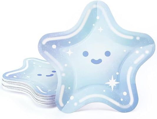 Cheerland Baby Blue Star Shaped Plates Disposable Paper Plate For Boy Galaxy Birthday Party Decorations Colorful Tableware Smiling Sparkle Kawaii Blue Baby Shower Decor Gender Reveal Pack Of 24