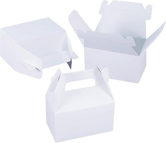 XAGLVV 24 Pack White Paper Gable Boxes,6.2 Inch Candy Boxes with Handle, Snack Party Favor& Gift Cookie bags for kids Birthday,Wedding, Baby Shower, Graduation.