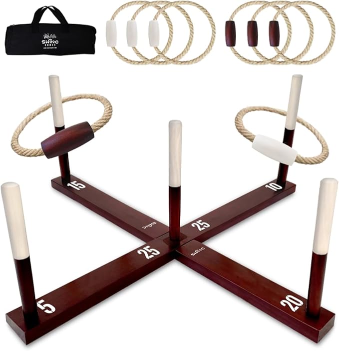 Swooc Games - Rustic Ring Toss Game (All Weather) - Easy Setup & Extra Games Included - Ring Toss Game for Adults - Outdoor Activities for Adults - Yard Toys for Kids - Backyard Fun - Outdoor Party