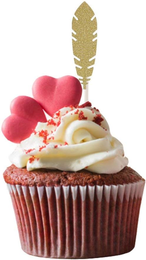30pcs Feather Cake Toppers Cupcake Food Picks for Wedding Birthday Party Decoration - Golden