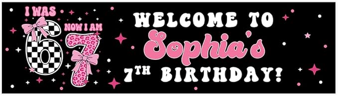 Andaz Press 13x48 Inch Custom 6 7 Birthday Banner Decorations, Personalized Birthday Banner with Custom Name, Coquette Pink Bow 67 Happy Birthday Party Banner for Girls, Home or Party Decor Backdrop