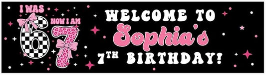 Andaz Press 13x48 Inch Custom 6 7 Birthday Banner Decorations, Personalized Birthday Banner with Custom Name, Coquette Pink Bow 67 Happy Birthday Party Banner for Girls, Home or Party Decor Backdrop