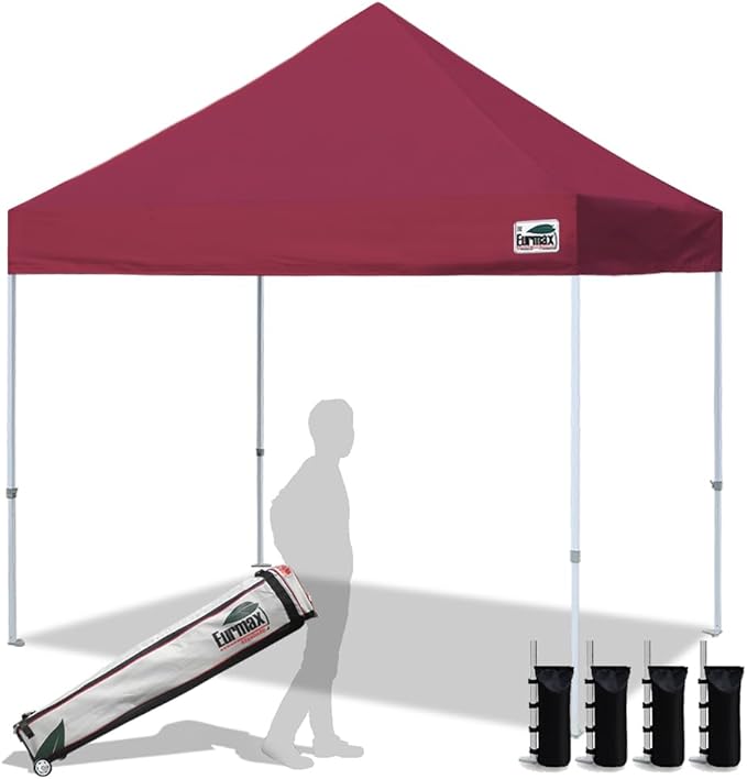 Eurmax USA 8x8ft Pop Up Canopy, Commercial Instant Tent for Outdoor Events, Patented No-Tip Rolling Storage Bag with 4 Sandbags, UV & Water Resistant, Heavy Duty Portable Shelter Gazebo,Burgundy