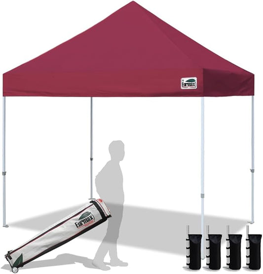 Eurmax USA 8x8ft Pop Up Canopy, Commercial Instant Tent for Outdoor Events, Patented No-Tip Rolling Storage Bag with 4 Sandbags, UV & Water Resistant, Heavy Duty Portable Shelter Gazebo,Burgundy