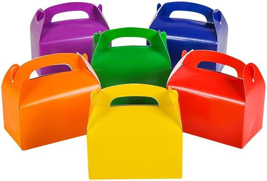 The Dreidel Company Gable Treat Boxes, (12-Pack) Party Favor Boxes for Kids Birthday, Candy Boxes Party Favors, Weddings Events, Baby Shower, 6.25" x 3.5" x 3.5" Inch Box (Multi-Color Treat Box)