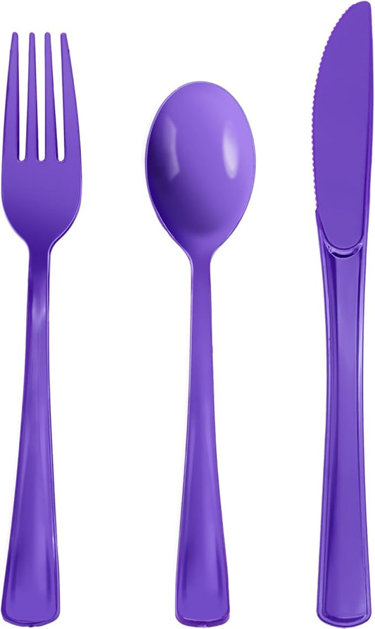 150 Pcs Purple Plastic Silverware Heavy Duty Purple Plastic Cutlery Sets Includes 50 Forks, 50 Spoons, 50 Knives Disposable for Birthday, Graduation Party, Dinner