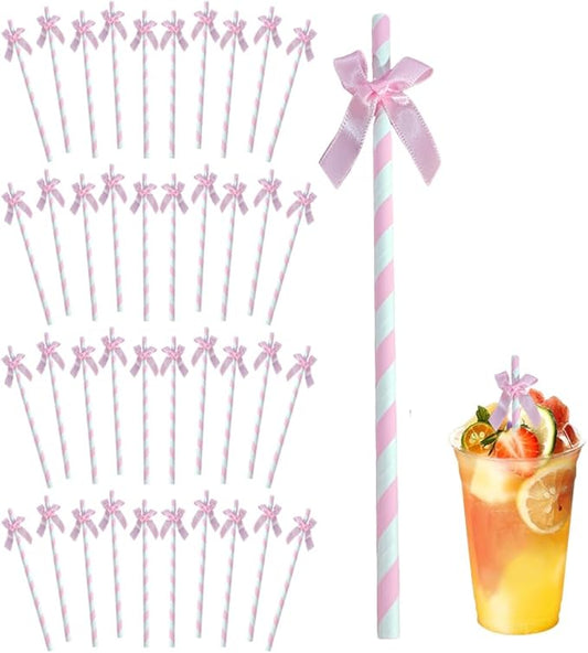 Ouliget Butterfly Stripe Paper Straws,Butterfly Ribbon Decor Disposable Party Drinking Straws, Decoration Supplies Set for Valentine's Day, Brithday, New Year, Party,40 Pieces (Pink)