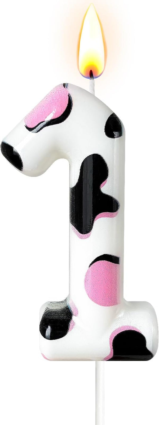 Number 1 Birthday Candle for Cake – Cow Print Design in White Black Pink – Farm Theme & Cowgirl Party Cake Topper Decoration