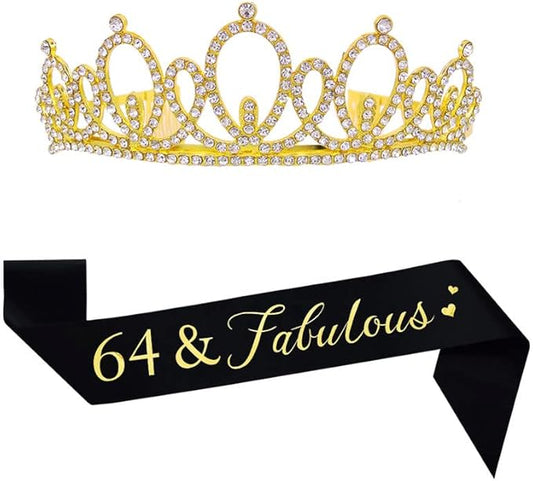 Happy 64th Birthday Tiara and Sash Gifts Crystal Rhinestone Princess Crown Birthday Women Party Favor Supplies Gold Crowns Black Sash