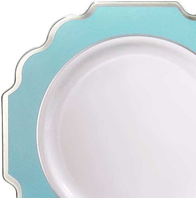 " OCCASIONS " 120 Plates Pack,(60 Guests) Heavyweight Premium Wedding Party Disposable Plastic Plates -60 x10.5'' Dinner + 60 x 8'' Salad/Dessert (Imperial Aqua & Silver)