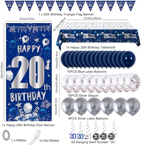 20th Birthday Decorations for Men Boys, Blue 20 Year Old Party Supplies