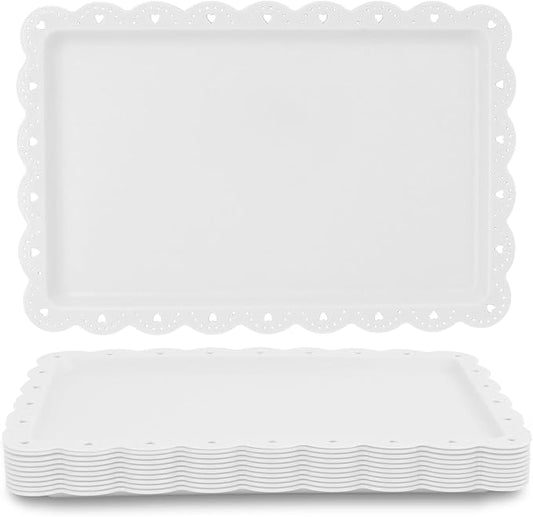 Food Tray, 12 Pack Serving Tray Serving Platter Cookies Dessert Plates,Disposable Plastic Serving Trays Rectangle Dessert Trays for Party, Wedding, Restaurant, 14.4" X 9.3" (White)
