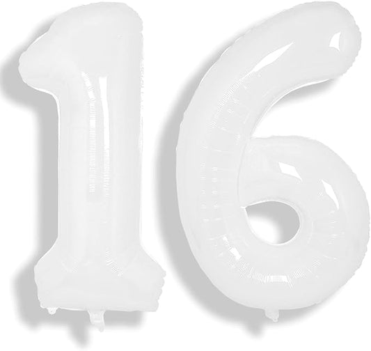 SUWEN 40 Inch White Large 16 Balloon Number Big Foil Helium Number Balloons 0-9 Giant Jumbo Happy 16th Birthday Party Decorations for Boy or Girl Huge Mylar 61 Anniversary Party Supplies