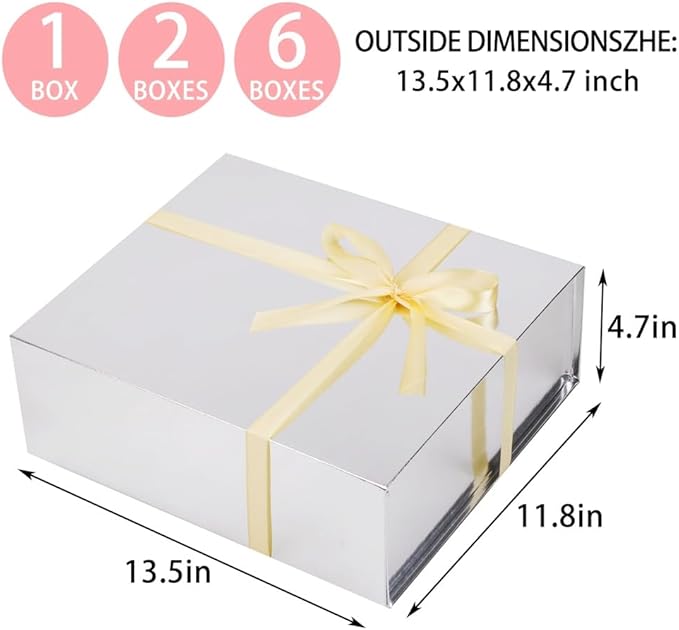UoeRing 6 Pack Silver Gift Box Large 13.5x11.8x4.7 inch Luxury Bridesmaid Proposal Box for Presents with Magnetic Closure Lid Collapsible,Contains Card, Ribbon, Tissue Paper,Shredded Paper Filler