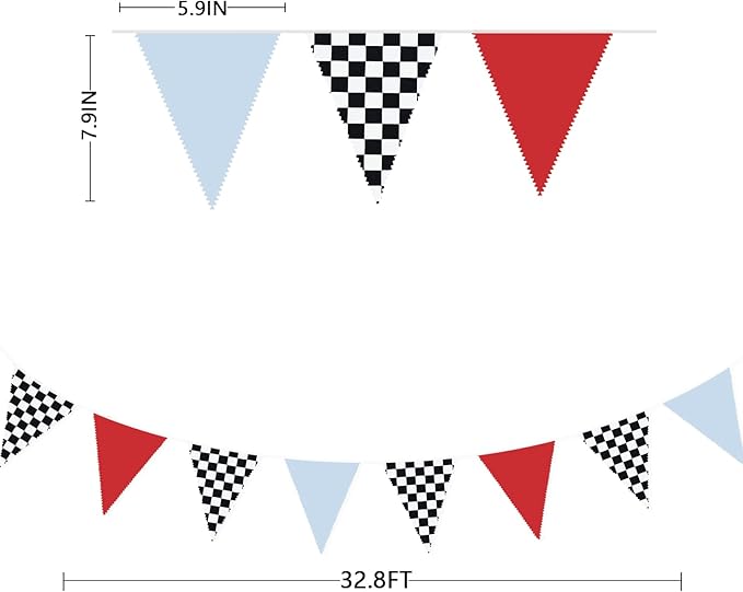 32Ft Racing Party Decorations Red Blue Black White Checkered Racing Car Fabric Banner Triangle Flag Pennant Garland Streamers for Kids Race Car Birthday Racetrack Baby Shower NASCAR Picnic Decor