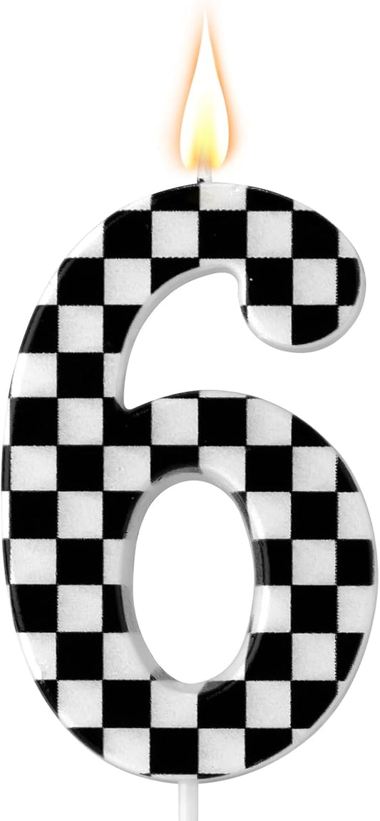 Racing Cars Themed Birthday Candle, Checkered Flag Number Candles Black and White Candles Happy Birthday Cake Topper Party Decorations for Boys Racing Cars Themed Party Supplies (Number 6)