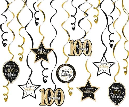 Happy 100th Birthday Black & Gold Glitter Swirls Streamers Party Decorations - 15 Pcs 100th Birthday Hanging Swirls Streamers Kit,Cheers to 100 Years Old Bday Party Sign.