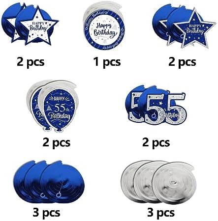 Happy 55th Birthday Blue & Silver Glitter Swirls Streamers Party Decorations - 15 Pcs 55th Birthday Hanging Swirls Streamers Kit,Perfect for 55th Bday Party Sign.