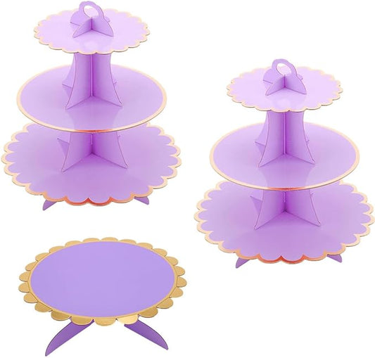 MRPAPA 3-Pack 3-Tier Purple Cupcake Stands | Disposable Cardboard Dessert Trays for Parties, Weddings