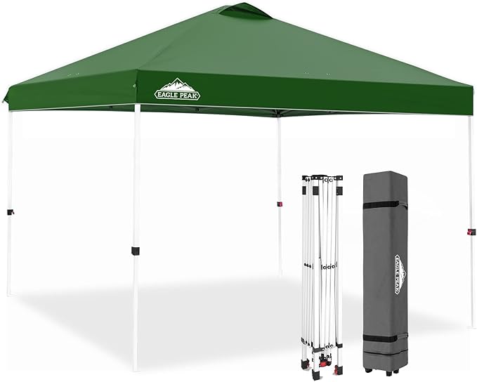 EAGLE PEAK Pop Up Canopy Tent with Wheeled Carry Bag, 8 Stakes, 4 Ropes, 4 Weight Bags, Easy Set Up Tent Canopy, 10x10 ft, 100sqft of Shade, Green