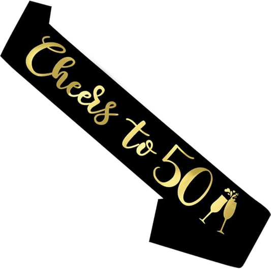 Birthday Sash Black, 'Cheers To 50' Birthday Sash for Girl Women and Men with Gold Foil Letters for Funny Party Favor Supplies 50 Black Gold