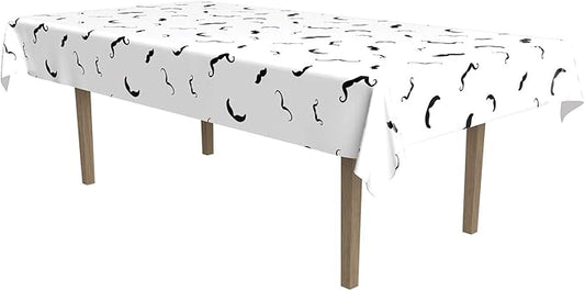 Beistle Moustache Tablecover, 54 by 108-Inch, White/Black, 54" x 108"