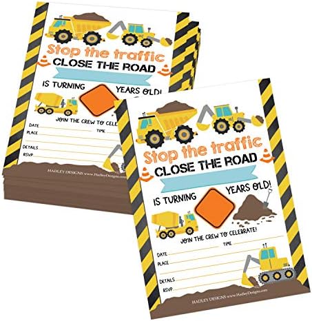 25 Kids Birthday Invitations Boy Construction Theme Party Invites for Boys