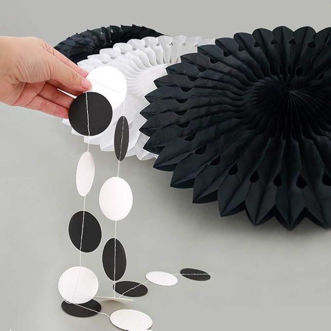 Cheerland Black White Party Decorations Hanging Paper Fans Garland Kit Gothic Decor Wedding Decoration Halloween Birthday Backdrop Baby Shower Goth Casino Emo Spooky Haunted House Party Supplies