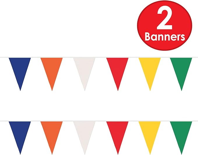 Beistle 2 Piece Indoor/Outdoor Multi-Color Plastic Triange Shaped Pennant Banners For Rainbow Theme, Birthday Party, Classroom Décor, Graduation