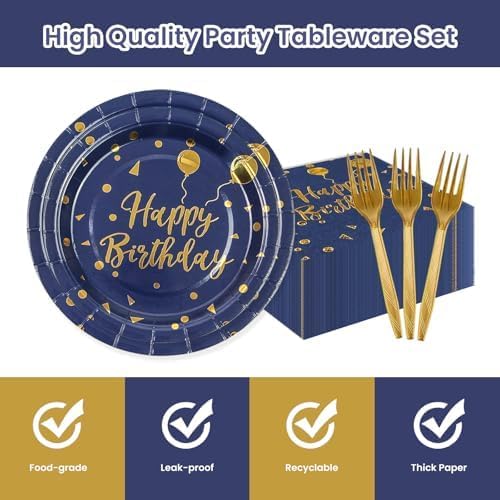 75PCS Happy Birthday Paper Plates&Nakpins Set,Disposable Blue and Gold Dessert Plate Graduation Napkins Forks Paper Tableware for Birthday Graduation Retirement Party Decorations Serve 25