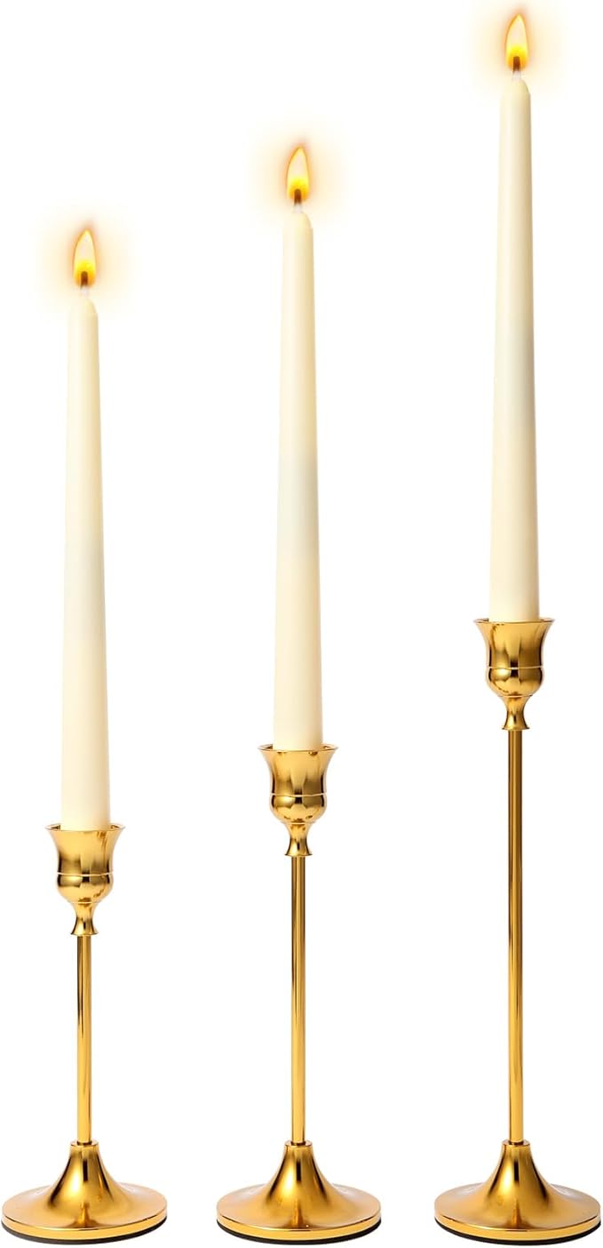 Xinhongfei 3-Piece Gold Candlestick Holder Set - Vintage-Modern Table Centerpiece for Weddings, Mantels, Home Decor Taper Candle Stands & Housewarming Gift