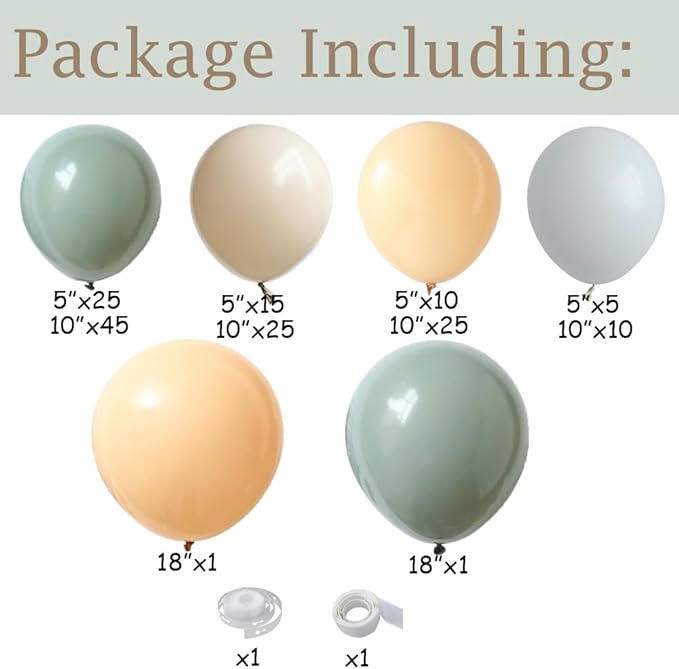 Dusty Green Balloon Arch Kit 162PCS Nude Sand White Neutral Apricot Matte Balloons for Baby Shower Wedding Birthday Party Decoration