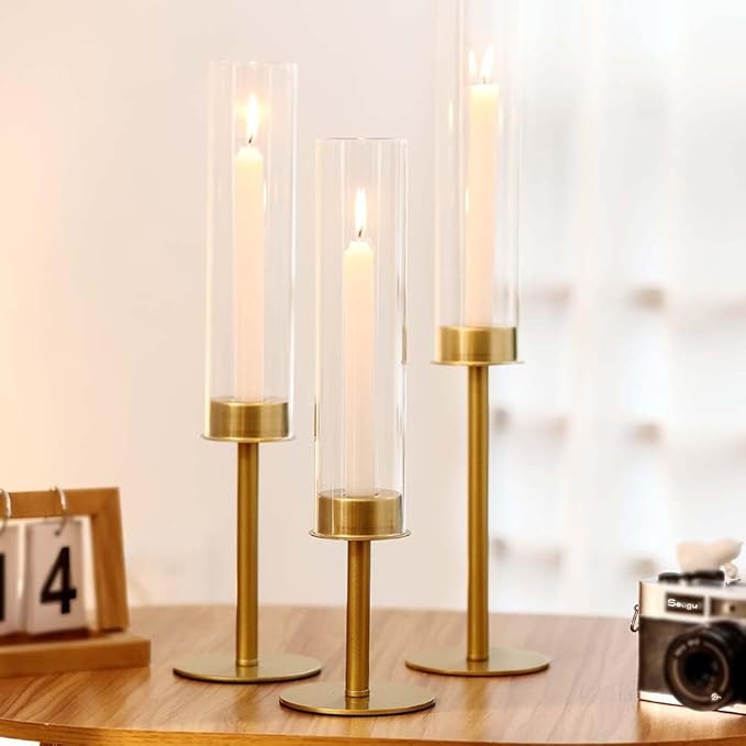 2set 6pc Gold Hurricane Glass Candle Holders,Taper Candle Holders Candlestick Holders Wedding Table Centerpiece Decoration Christmas Party