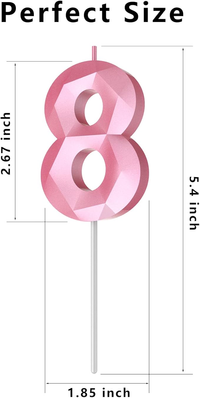 Number Birthday Candles(8 Candle Pink) 3D Diamond Shape 8th Happy Birthday Cake Topper Decorations for Girl Women Birthday Wedding Anniversary Celebration Theme Party Supplies