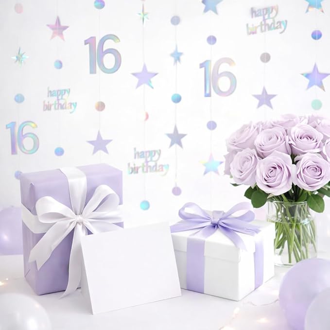 GCQQ 16 Birthday Decorations - 4 Packs Iridescent Holographic Sweet 16 Year Old Star & Circle Hanging Garlands 46FT Happy 16th Birthday Banner Streamers for Girls, Boy, Backdrop & Teen Party Décor