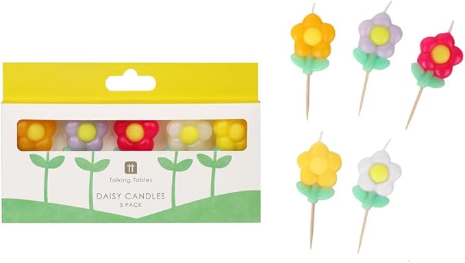 Talking Tables 5 x Daisy Flower Birthday Candles for Cakes Cake Topper Decoration Premium Quality colorful Floral Candle 1.5 Inches Height Recycled Packaging