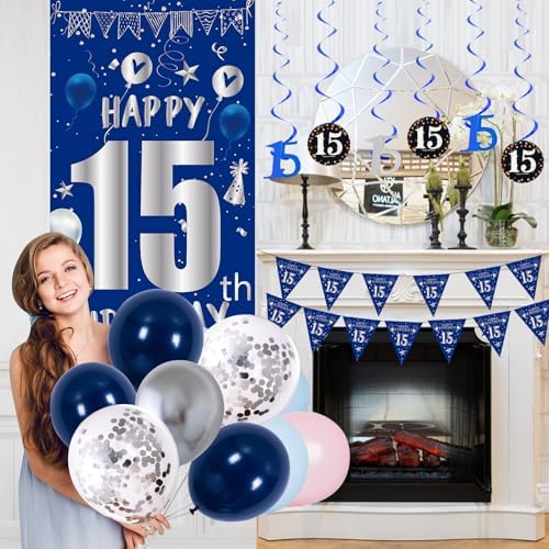 Blue 15th Birthday Decorations for Boys Girls, 15 Year Old Party Supplies