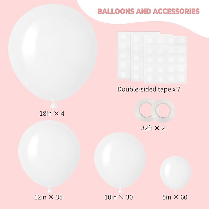 RUBFAC White Balloons 129pcs Different Sizes 18 12 10 5 Inch for Garland Arch, Latex Balloon for Engagement Wedding Anniversary Birthday Party Baby Shower Decoration
