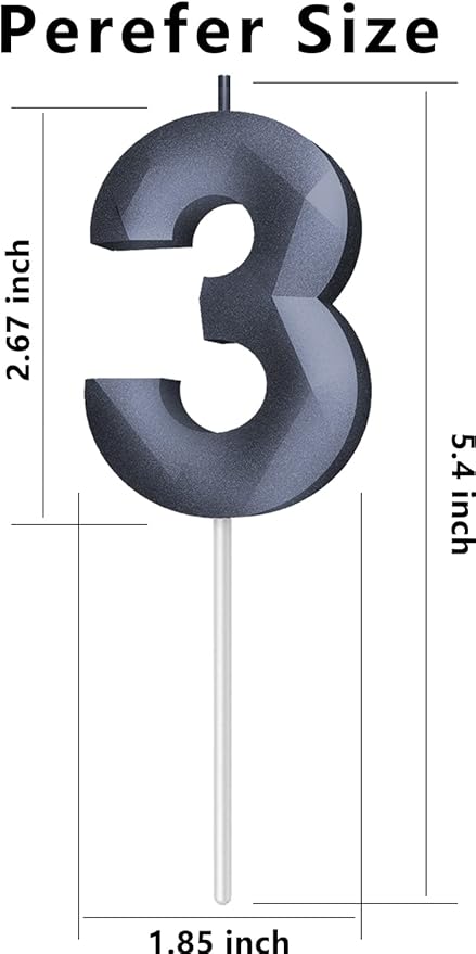 Number Birthday Candles(3 Candle Black) 3D Diamond Shape 3rd Happy Birthday Cake Topper Decorations for Boy Men Birthday Wedding Anniversary Celebration Theme Party Supplies