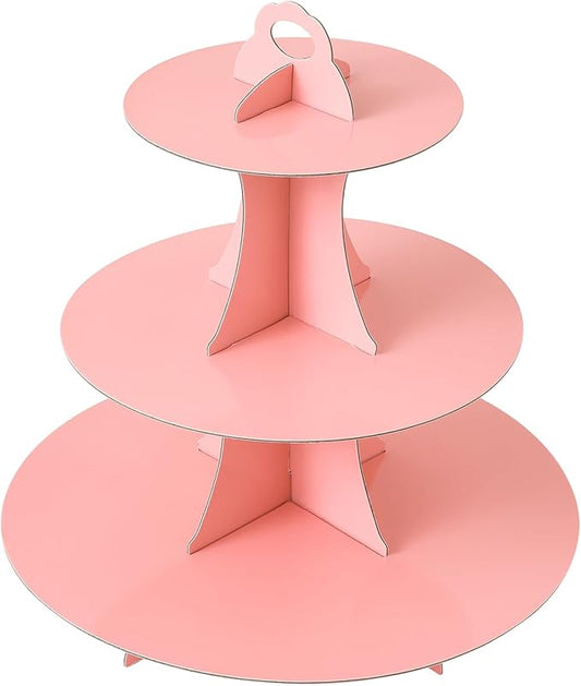 Soleebee 3-Tier Round Cupcake Stand, Cardboard Cupcake Tower, Dessert Cup Cake Stand Tower for Birthday Wedding Party Decoration, Cupcake Tier Stand 1 Set (Pink)