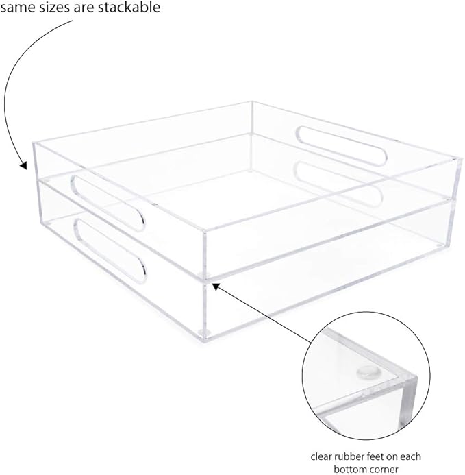 Isaac Jacobs Clear Acrylic Serving Tray (12x12) with Cutout Handles, Spill-Proof, Stackable Organizer, Space-Saver, Food & Drinks Server, Indoors/Outdoors, Lucite Storage Décor & More